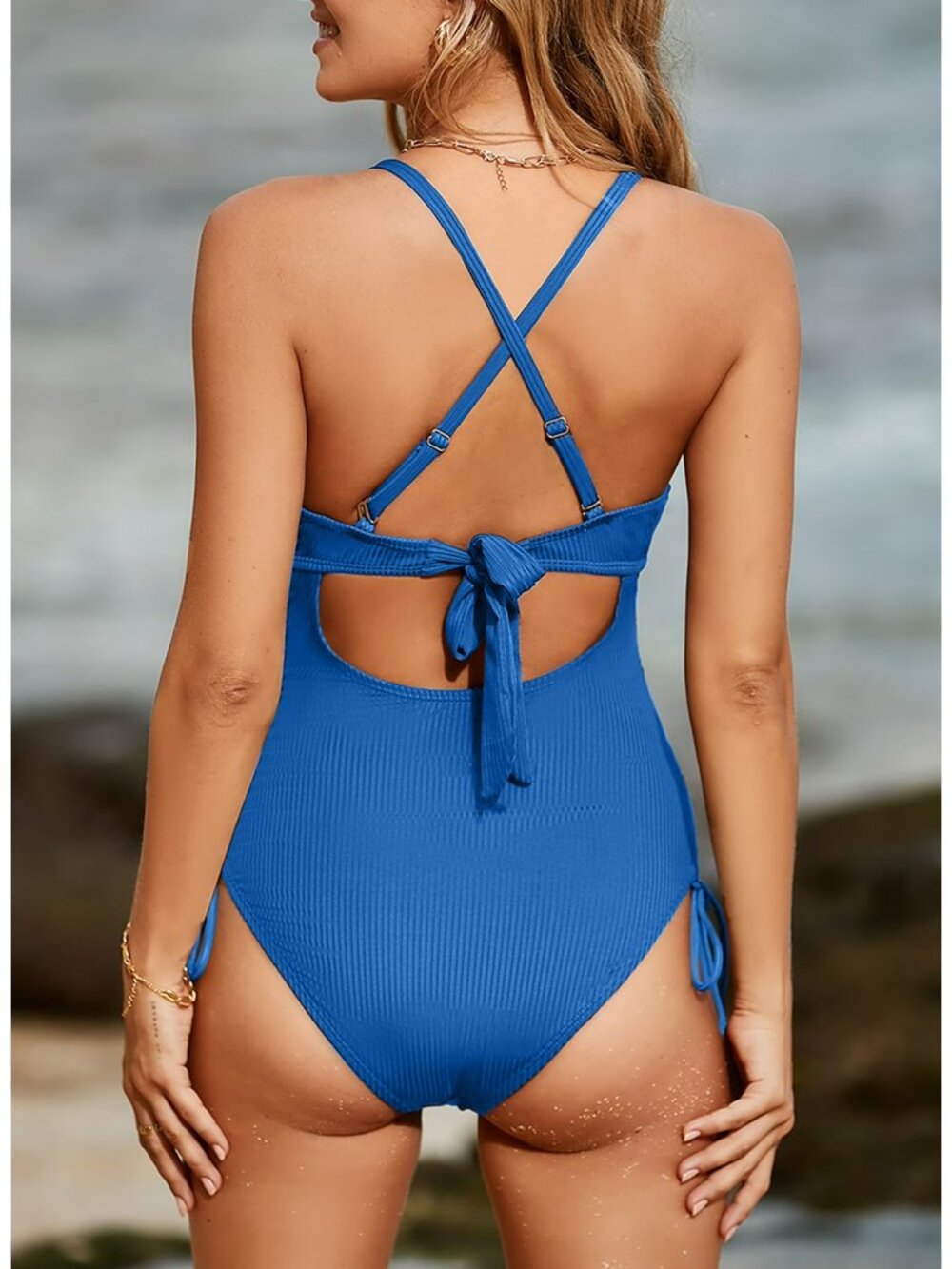 NWT Eytino Blue Ribbed Cutout Tummy Control One Piece Swimsuit Size L 💙 - Picture 3 of 6
